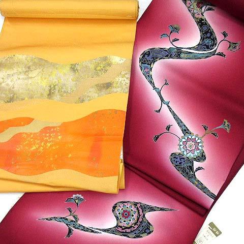 未使用品 丹後ちりめん 久美華 正絹 着物 附下着丈 ボルドー 帯 イエロー 反物 セット