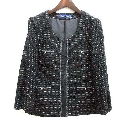 キャラオクルス CARA O CRUZ レリアン ツイード ボーダー ノーカラー ジャケット ブラッ...