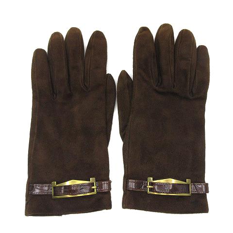 マックスマーラ MAX MARA スウェード レザー グローブ 手袋 ベルト ブラウン 茶 7 1/...