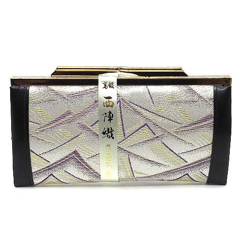 新品同様 織元謹製 京 西陣織 がま口 長財布 和財布 山脈模様 ホワイト ブラック ゴールド 和装...