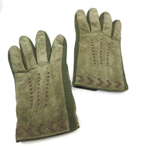ケンゾー KENZO 手袋 レザー スウェード ニット グローブ カーキグリーン ☆AA★