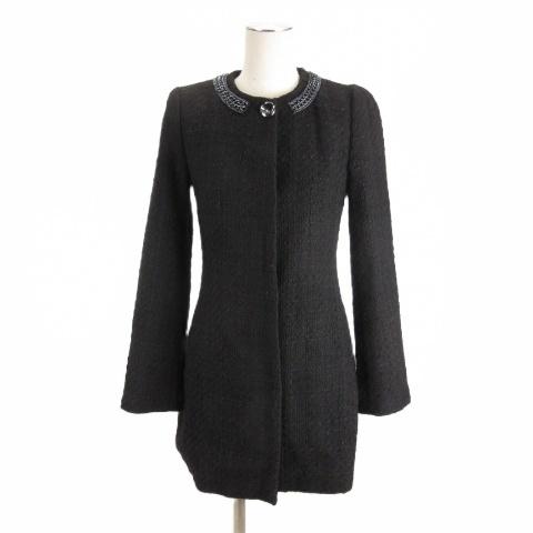 ザラ ZARA ノーカラー ツイード ジャケット 襟装飾 S ブラック ■FF レディース