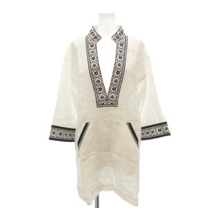 トリーバーチ TORY BURCH チュニック S 白 紺 Vネック 刺繍 七分袖 麻 リネン /SC ■GY09 レディース