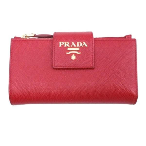 プラダ PRADA ロゴ フラップ 二つ折り財布 サフィアーノレザー レッド 1ML005 レディー...