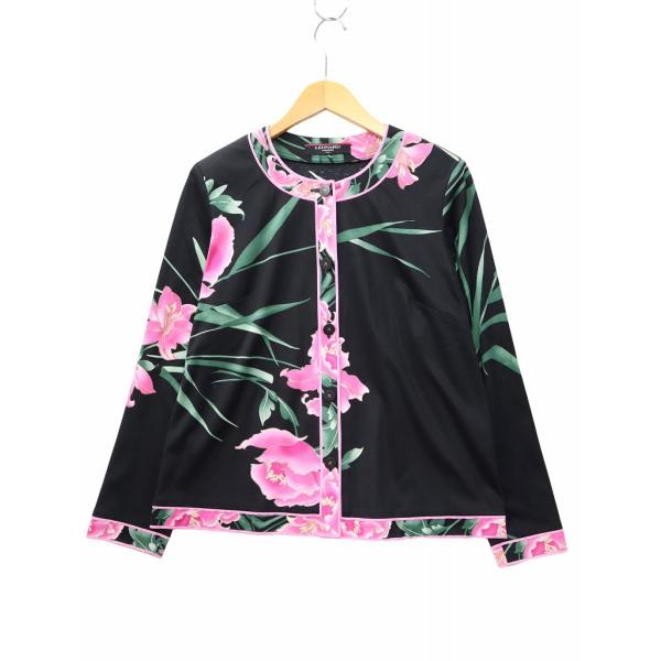 レオナール LEONARD クルーネック 長袖 フラワー柄 カーディガン LL BLACK(ブラック...