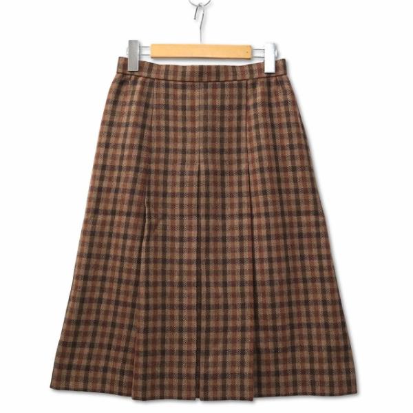 日本製 チェック柄 ボックスプリーツ ミモレ ウールスカート ブラウン 13号 (XL) レディース