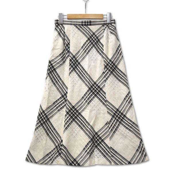 チェック柄 麻混 Aライン ロングスカート ライトベージュ 11 (L) レディース