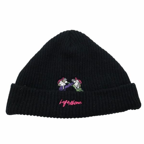 LEFT ALONE ワンポイント刺繍 リブニット キャプ 帽子 ブラック メンズ