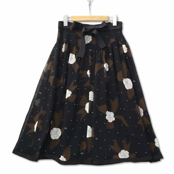 未使用品 エムズグレイシー M'S GRACY カメリア グログランリボン シフォンプリントスカート...