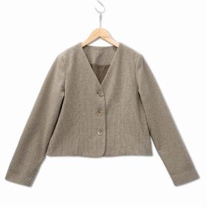 千鳥柄 Vネック ノーカラー ジャケット グレージュ レディース