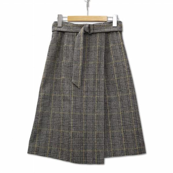 グラシア GLACIER ウール混 グレンチェック フェイクラップ 巻きスカート ブラック M レデ...