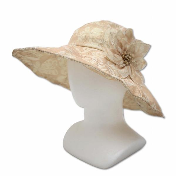 フラワーアップリケ ラメ つば広 ワイヤー ハット 帽子 春夏 ペールオレンジ レディース
