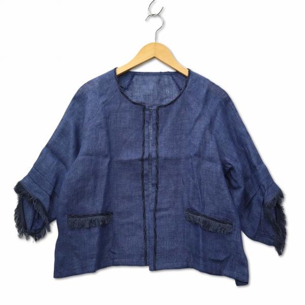 カズミ KAZUMI フリンジ 七分袖 リネンジャケット 羽織 ブルー 40 (L) レディース