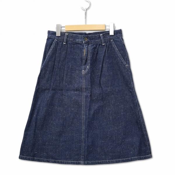 ディープブルー DEEP BLUE ネップデニム フレアスカート ホワイトステッチ ミモレ丈 M レ...
