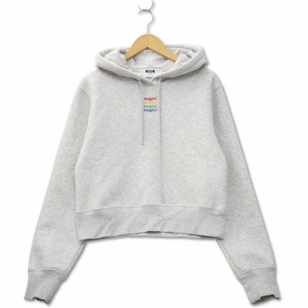 エムエスジーエム MSGM ロゴ刺繍 プルオーバー 短丈 フーディ パーカー XS GRAY グレー...