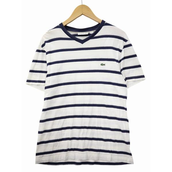 ラコステ LACOSTE ロゴ刺繍 Vネック ボーダー カットソー Tシャツ M NAVY/WHIT...