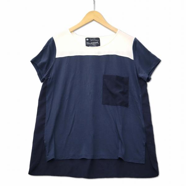 マイカ＆ディール MICA&amp;DEAL シフォン切替 胸ポケット ツヤあり コンビカットソー ネイビー...