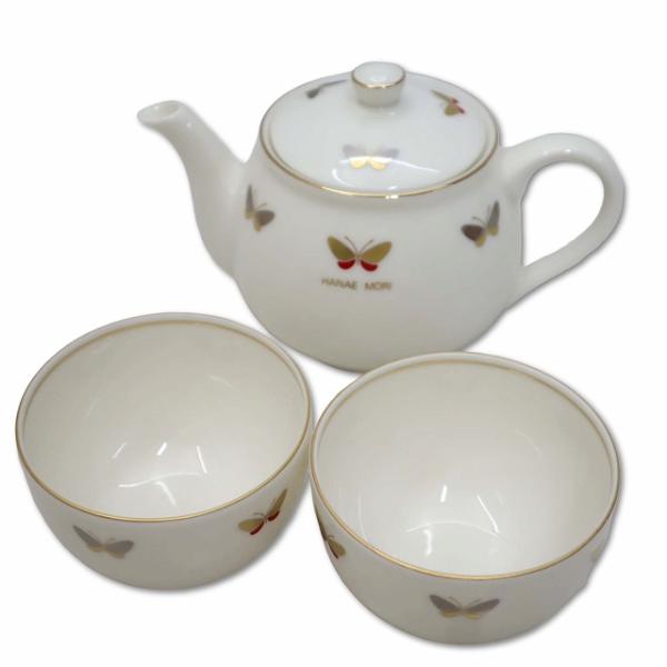 ハナエモリ HANAE MORI 蝶モチーフ 白磁 ティーポット 急須 湯呑 茶器セット