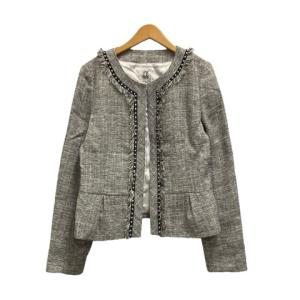 ミッシェルクラン MICHEL KLEIN ノーカラージャケット 長袖 クルーネック 総柄 ラメ FKJDJ-04190 38 グレー 黒 ブラック 白 ホワイト レデ