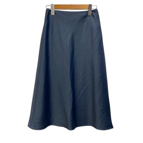 ユニクロ UNIQLO スカート フレア サテン 光沢 無地 膝丈 ウエスト58cm 青 ブルー レ...
