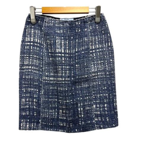 プラダ PRADA スカート 台形 タイト リネン混 ツイード ひざ丈 36S 青 ブルー レディー...