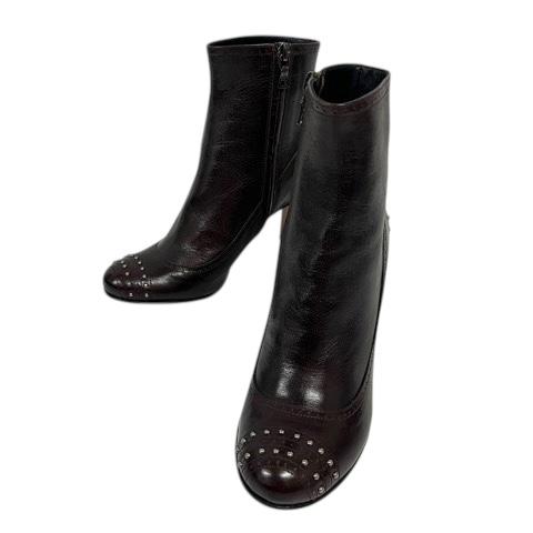 プラダ PRADA ショートブーツ チャンキーヒール ラウンドトゥ スタッツ 34.5 茶 ブラウン...