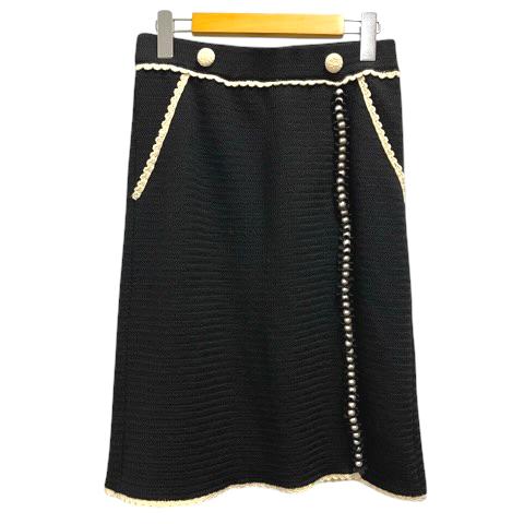 モスキーノ MOSCHINO スカート ニット ウール パールビーズ 膝丈 台形 42 黒 ブラック...