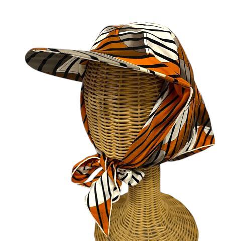 エルメス HERMES スカーフキャップ 帽子 シルク ボーダー ストライプ 総柄 オレンジ レディ...