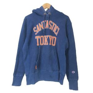 チャンピオン CHAMPION SANTASTIC TOKYO パーカー リバースウィーブ プルオーバー 長袖 裏起毛 ロゴ プリント M 青 ブルー X メンズ