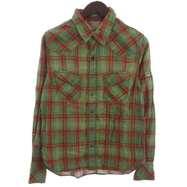 ティーエムティー TMT ウエスタン チェックシャツ 長袖 アーム刺繍 グリーン オレンジ系 S ■...