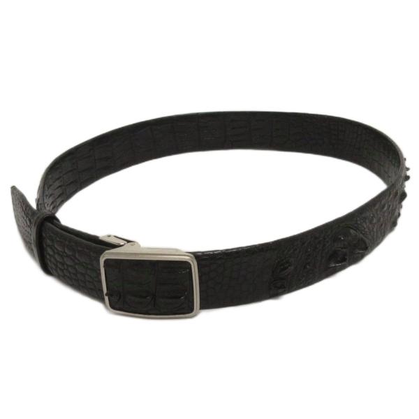 ベルト ワニ革 クロコダイル 穴なしバックル 黒 ブラック メンズ