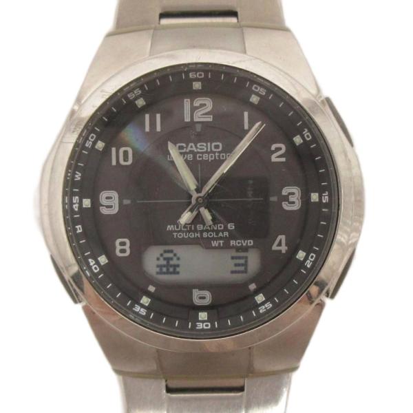 カシオ CASIO ウェーブセプター 腕時計 電波ソーラー 黒文字盤 シルバーカラー 現状品 メンズ