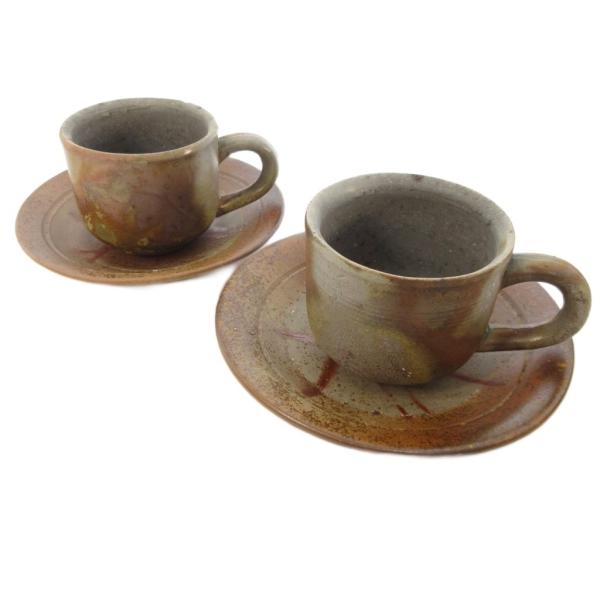 未使用品 備前焼 五郎辺衛窯 カップ＆ソーサー 2客セット コーヒーセット 食器 陶器 ブラウン