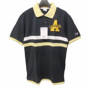 未使用品 チャンピオン CHAMPION タグ付 鹿の子ポロシャツ カットソー フロッキープリント 切替 半袖 ネイビー イエロー ホワイト L