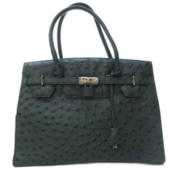 オーストリッチ トートバッグ ハンドバッグ 鍵付き 緑 グリーン