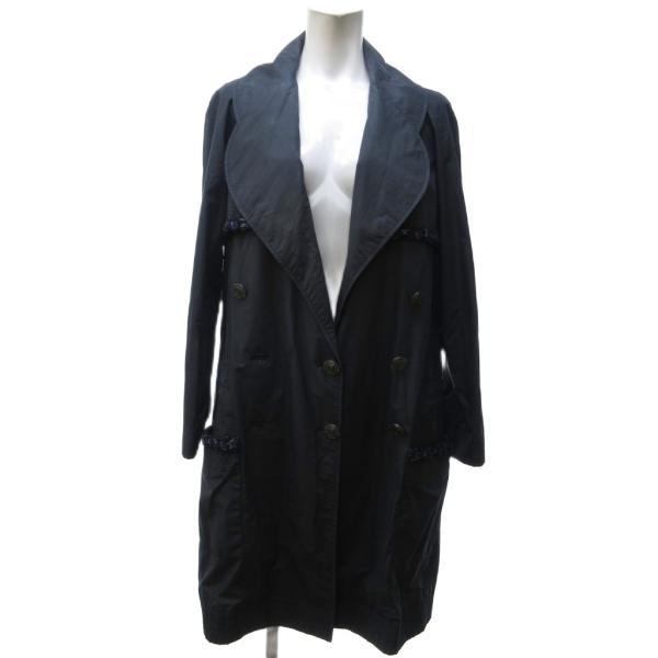 シャネル CHANEL ツイード トリム トレンチコート ロング ココマークボタン 紺 ネイビー 3...