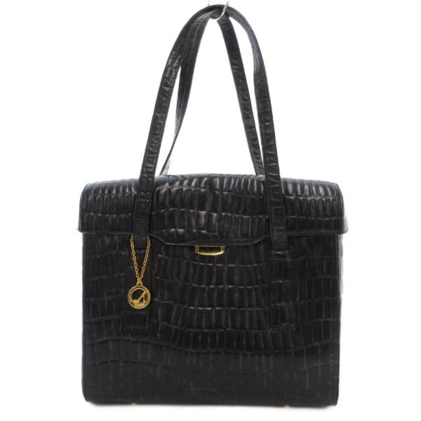 銀座かねまつ GINZA Kanematsu ショルダーバッグ クロコ型押し レザー フラップ 黒 ...