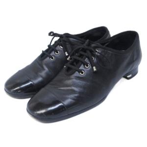 シャネル CHANEL ドレスシューズ ココマーク 金具 レザー トゥ切替 エナメル レースアップ 36 約23cm 黒 ブラック IBO83 ☆AA★