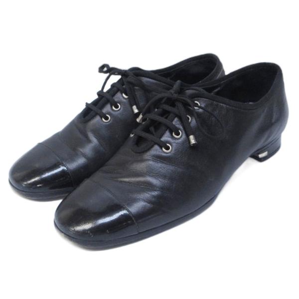 シャネル CHANEL ドレスシューズ ココマーク 金具 レザー トゥ切替 エナメル レースアップ ...