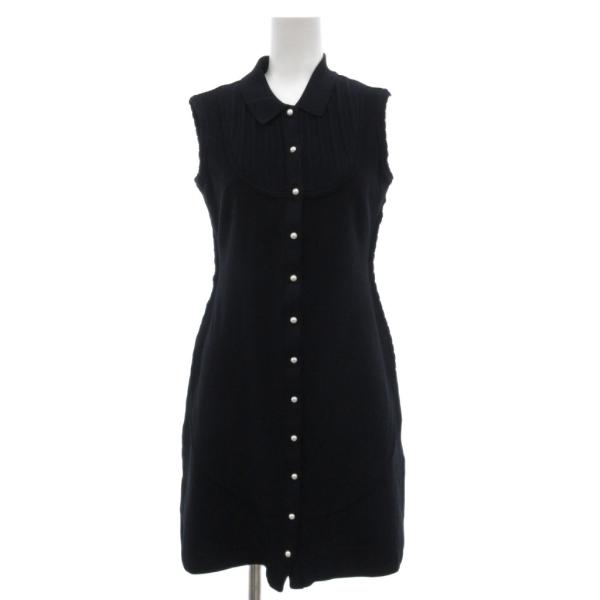 ルネ Rene 美品 ノースリーブシャツワンピース ニット スカラップ 鹿の子 フェイクパールボタン...