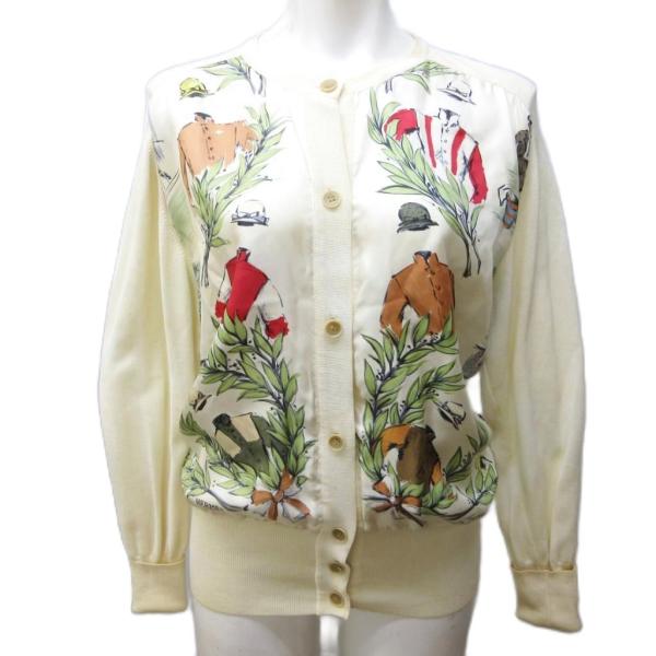 エルメス HERMES CHANTILLY 競馬場 ニット カーディガン 切替 スカーフ柄 シルク ...