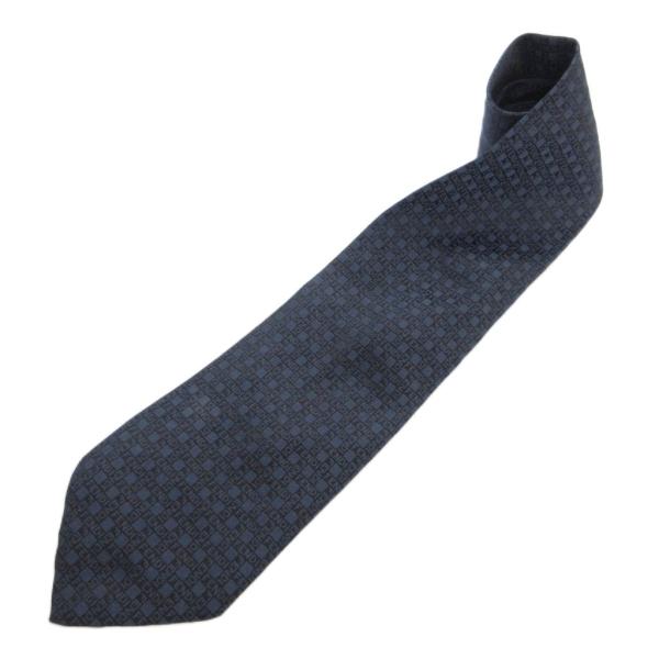 フェンディ FENDI ネクタイ ロゴ柄 チェック調 シルク レギュラータイ 紺 青 ネイビー ブル...