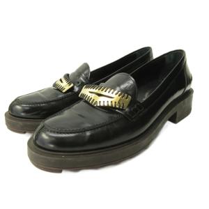 トッズ TOD'S コインローファー シューズ プレート レザー 37 24.0cm 黒 ブラック 0124 IBO87 レディース