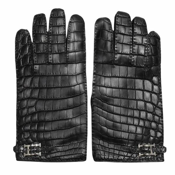 美品 エルメス HERMES Hロゴ 金具 クロコダイル レザー グローブ ワニ革 手袋 ラムスキン...