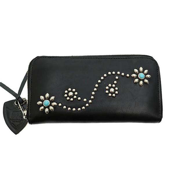 エイチティーシー HTC ZIPPER LARGE フラワー ターコイズ スタッズ ジッパー ウォレ...