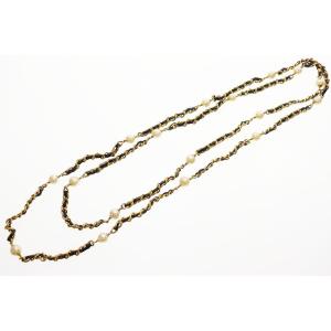 シャネル CHANEL ビンテージ パール レザーチェーン ロングネックレス ブラック 【ブランド古...