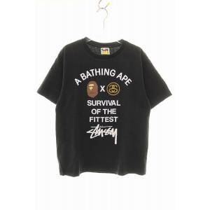 アベイシングエイプ A BATHING APE × STUSSY SURVIVAL OF THE FITTEST TEE BLACK M ステューシー コラボ Tシャツ プリント 半袖 ブラック