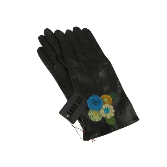 アナスイ ANNA SUI 手袋 グローブ レザー 刺繍 花 ブラック 黒 レディース