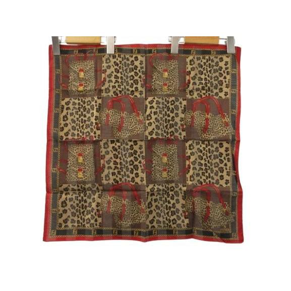 フェンディ FENDI レオパード ハンカチーフ 豹柄 ベージュ系 赤系 総柄 ☆AA★ レディース