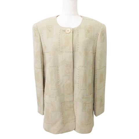 美品 remalon レマロン 総柄 ノーカラー ジャケット 羽織 薄手 ワンサイズ ベージュ ■G...